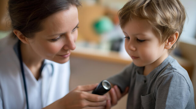 Faceless pediatric doctor uses a dermatoscope to examine the skin of a small child in a clinical environment. Defocused background. Pediatric dermatology, child skin exam,