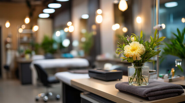 Luxury dermatology and beauty clinic interior decorated for VIP clients featuring spa equipment, massage setup, and relaxation zones. Defocused background. Luxury clinic, VIP