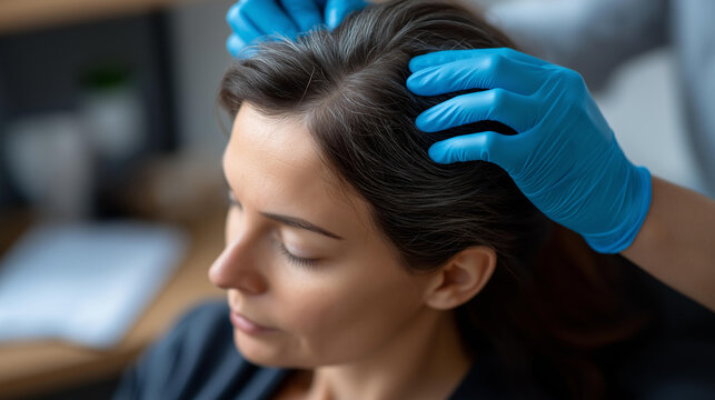 Close-up of faceless trichologist hands in blue medical gloves examining a female patient's scalp, gray hair roots, and thinning hair in a clinical setting. Hair loss treatment