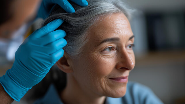 Close-up of faceless trichologist hands in blue medical gloves examining a female patient's scalp, gray hair roots, and thinning hair in a clinical setting. Hair loss treatment