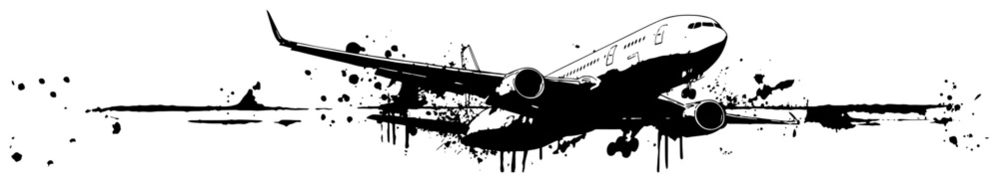 Black and white vector drawing of a commercial airplane with artistic ink splatters and grunge textures