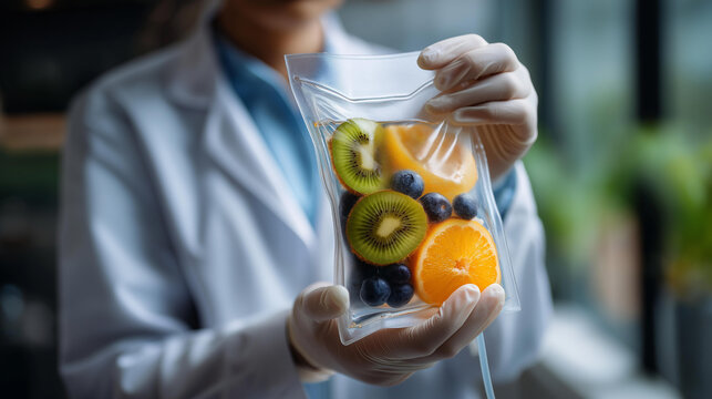 Faceless doctor in a white coat holds a clear IV bag filled with fresh fruit slices including kiwi, orange, and blueberries. Liquid vitamin infusion concept for wellness and