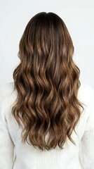 Naklejka premium Woman with long wavy brown hair with caramel highlights viewed from behind wearing white sweater against neutral background for hair salon marketing.