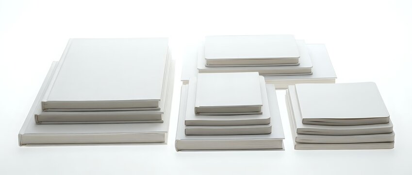 Stacks of blank white books and notebooks arranged in groups on clean surface for publishing, education, and design projects.