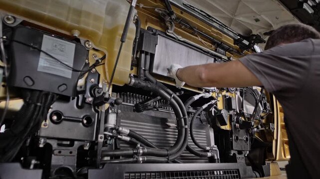 Close-up of work on changing the air filter of a truck at an inspection and service station 