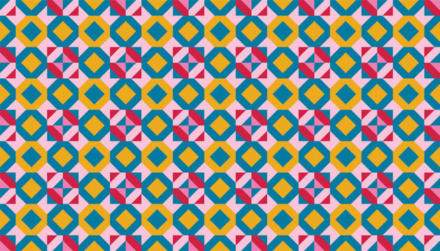 Colorful abstract vector pattern featuring repeating squares, diamonds, and triangles