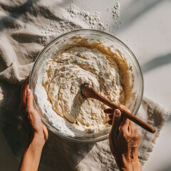 Fototapeta premium stirring sourdough starter with wooden spoon