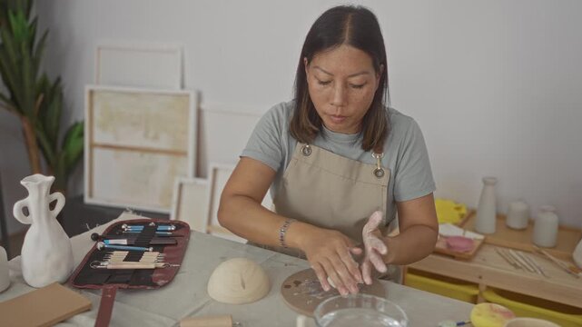 Woman shaping clay with hands on table in studio using small roller and sculpting tools; creative focus.
