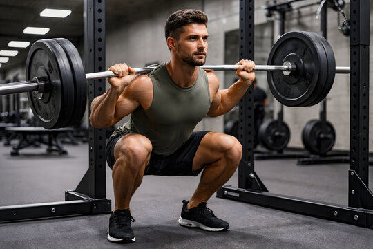 Muscular athlete performs a heavy barbell squat during strength training for muscle gain hypertrophy and a bulking phase