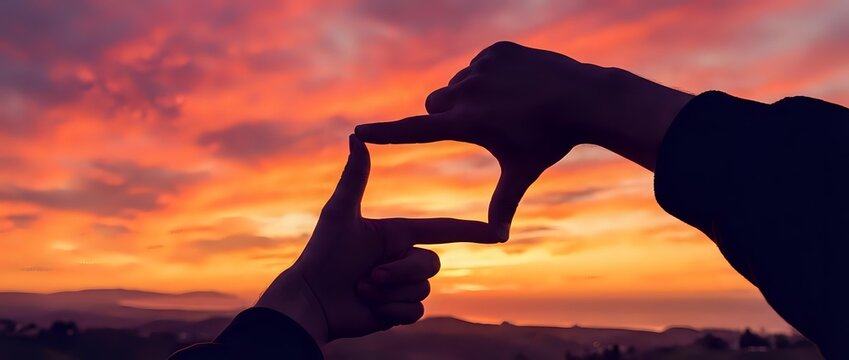 Hands forming frame gesture against dramatic sunset sky with vibrant orange and pink clouds creating natural border for photography composition.