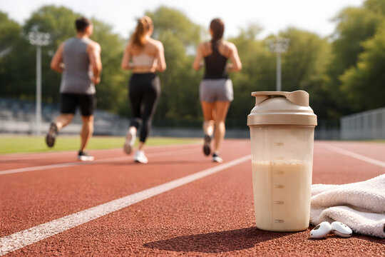 Protein shake stands on a running track while athletes train in the background linking endurance fitness and bulking recovery