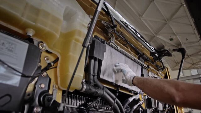 Changing the air cabin filter under the hood of the truck. Close-up 