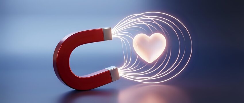 Red horseshoe magnet attracting glowing pink heart with energy waves on gradient background for love attraction and relationship concepts.
