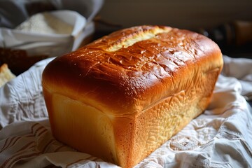 Golden brown loaf of bread sits on a white cloth, showcasing its texture and freshness