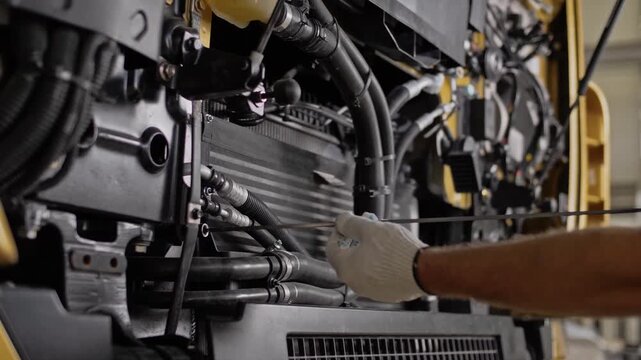 Checking the oil level and quality using a special dipstick in a truck diesel engine at a service station. Close-up 