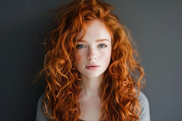 Obraz premium Studio portrait of beautiful young caucasian woman with long, curly red hair and freckles, showing natural beauty