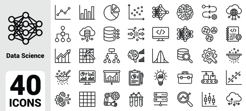 Data science and artificial intelligence icon set featuring machine learning symbols, neural networks, analytics charts, coding screens, databases, cloud computing, and automation tools