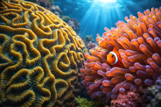 Vibrant Clownfish hiding in colorful Sea Anemone with detailed Brain Coral reef background