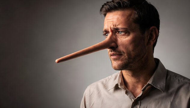 Serious adult man with an elongated nose, symbolic of dishonesty, looking away with a thoughtful and regretful expression against a dark background