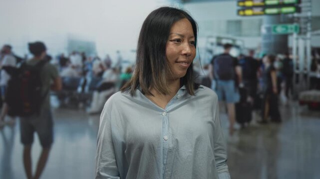 Young hispanic woman with open palms presenting inside a busy airport terminal while looking forward; travel uncertainty confusion.