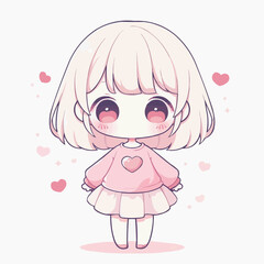 Fototapeta premium ピンクの衣装を着たかわいいちびアニメ少女のフラットベクターイラスト。子供服やSNS、カワイイ系デザインに最適。 Flat vector illustration of a cute chibi anime girl in a pink outfit, perfect for children's apparel, social media, or kawaii-themed designs.