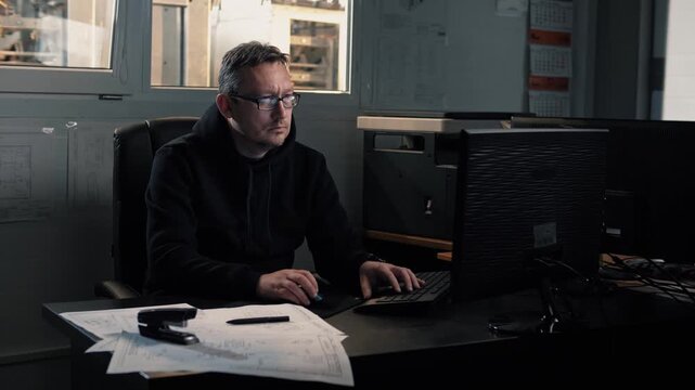 Design engineer works at a computer with a large drawing on a desk in an office in a manufacturing facility 