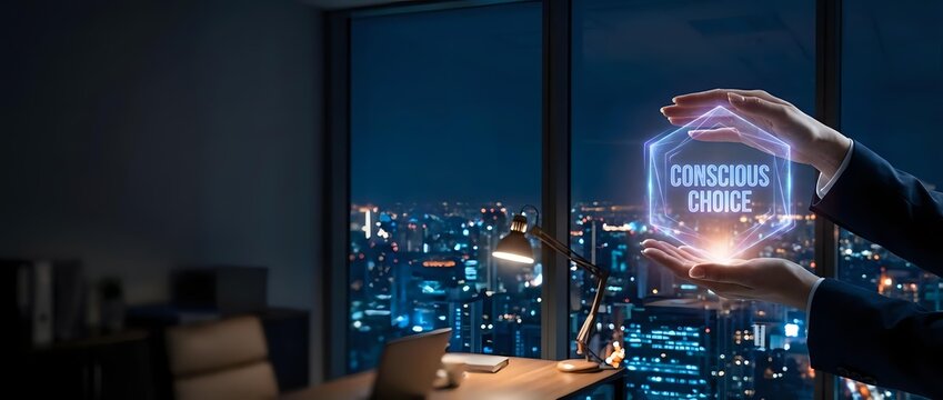 Businessman hands protecting glowing conscious choice hologram against city skyline at night representing ethical business decisions and corporate responsibility.