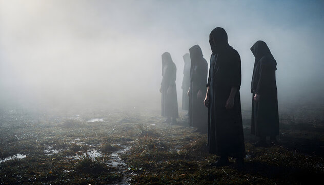 Mysterious figures in black robes stand silently in a foggy, desolate landscape, evoking a sense of solemnity, mystery, and eerie reverence