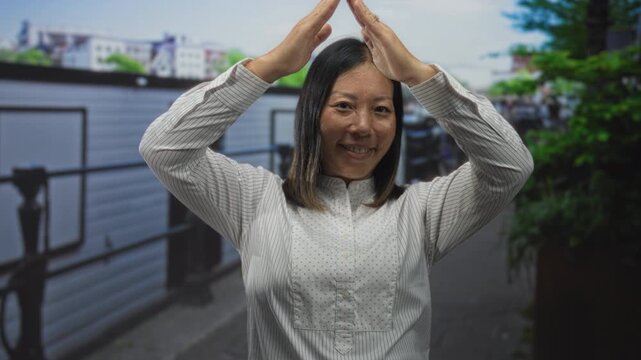 Woman with hands forming a triangle above her head on street, smiling with closed eyes and relaxed posture; calm meditation.