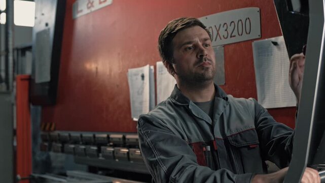 Engineer professional in uniform works at the screen of a large hydraulic press at a machine factory 