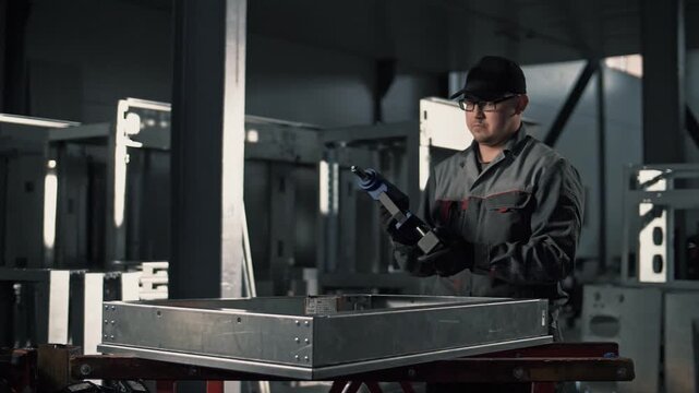 Professional worker in uniform inserts a battery into a cordless rivet gun in a factory. Slow motion