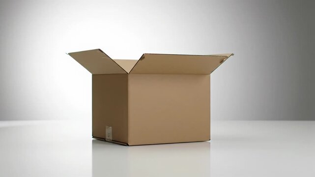 Slow cinematic push-in on a pristine, empty brown corrugated cardboard shipping box with open flaps on a glossy white studio surface with reflections. Concept of new beginnings