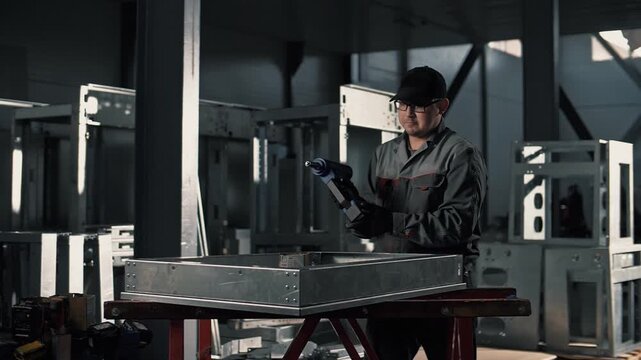 The work of a professional worker with a rivet gun in uniform in the assembly hall of a metal construction plant. Cinematic shot