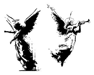 Two black silhouette angels with wings and a trumpet in grunge stencil style © UrbanDruid