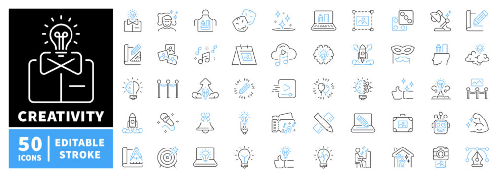 Creativity editable line icons set: design and innovation symbols, linear style