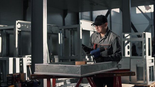 The work of a professional worker with a rivet gun in uniform in the assembly hall of a metal construction plant. Cinematic shot