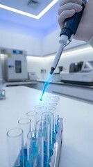 Obraz premium Laboratory scientist using pipette to transfer blue chemical solution into test tubes in modern research facility for medical analysis and experiments.