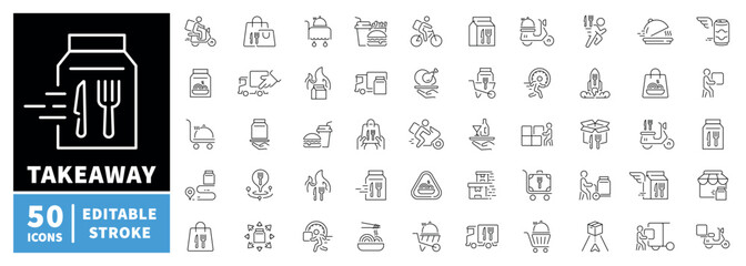 Fototapeta premium Takeaway and food delivery icons set. editable line icons, outline, fast service graphics