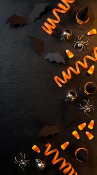 Halloween decorations with orange ribbons, black paper bats, candy corn, witch hats and spiders on dark slate background for seasonal party planning.