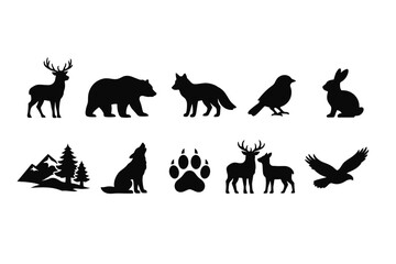 Fototapeta premium Collection of diverse wildlife silhouettes including forest animals and birds