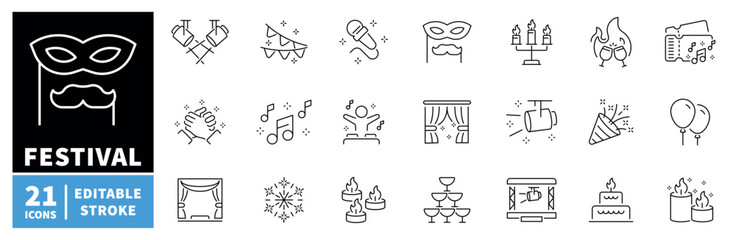 Obraz premium Festival and celebration icons set. editable line icons, linear party symbols