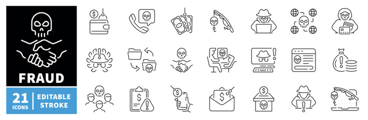 Fototapeta premium Fraud and security icons set. editable line icons, cybercrime, protection symbols