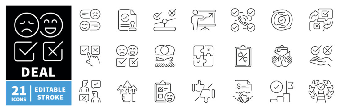 Deal negotiation icons set. editable line style, contract, agreement graphics
