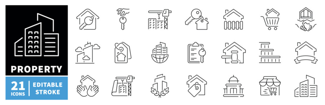 Property icons set. editable line icons. outline, real estate, housing symbols