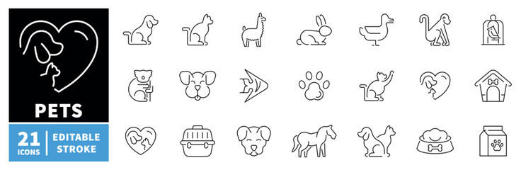 Obraz premium Pets icons set. editable line icons, outline, animal and domestic companion symbols