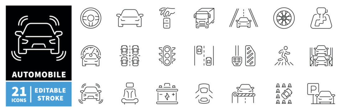 Automobile icons set. editable line icons for car, vehicle, and transportation needs