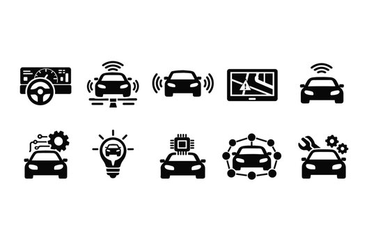 Collection of icons representing autonomous driving and smart car technology features
