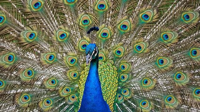 A magnificent peacock displaying its iridescent blue and green plumage with its elaborate fanned tail feathers, showcasing numerous intricate eyespot patterns.