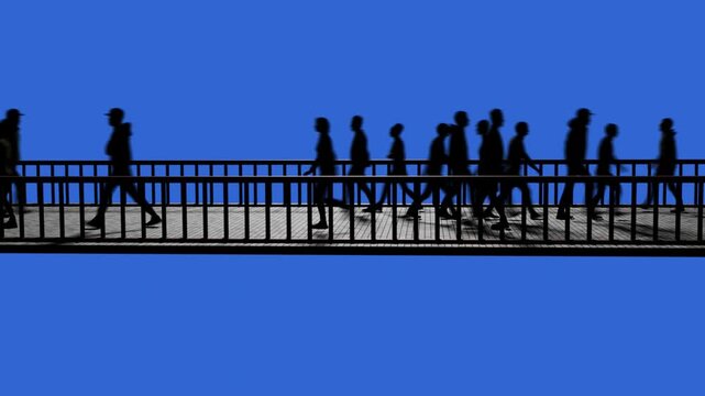 People crossing over bridge. Crowd walking across bridge. Phantoms traversing afterlife plane.
Blurred human silhouettes, group walks on bridge.
Dark figures moving over bridge.  3d animation render