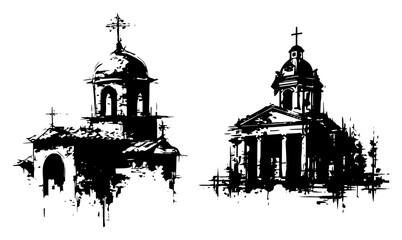 Detailed sketches of old church buildings with domes in distressed black ink style © UrbanDruid